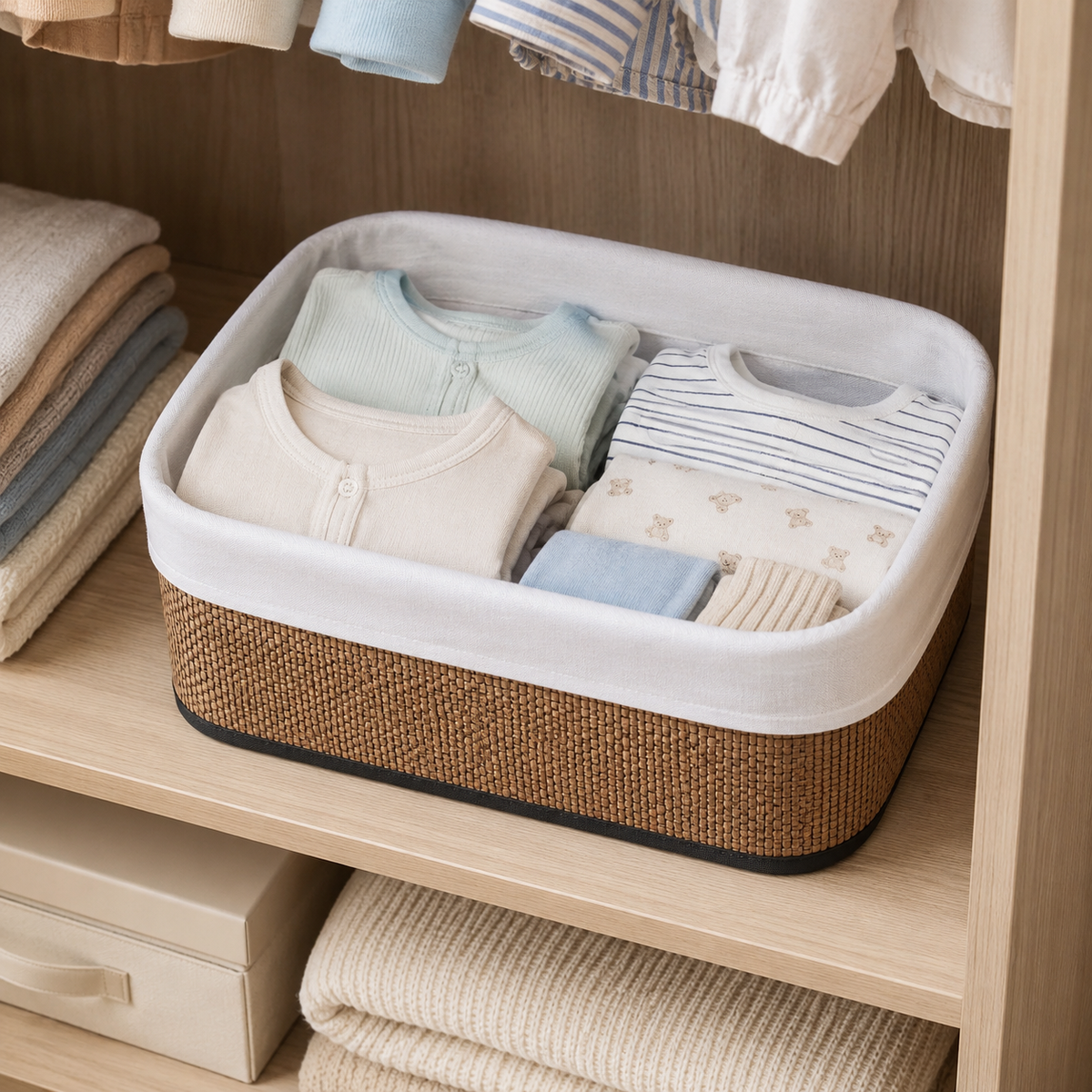 5pcs Woven Rattan Storage Basket Set, Fabric Lined Wicker Storage Boxes, Decorative Rattan Storage Box Set