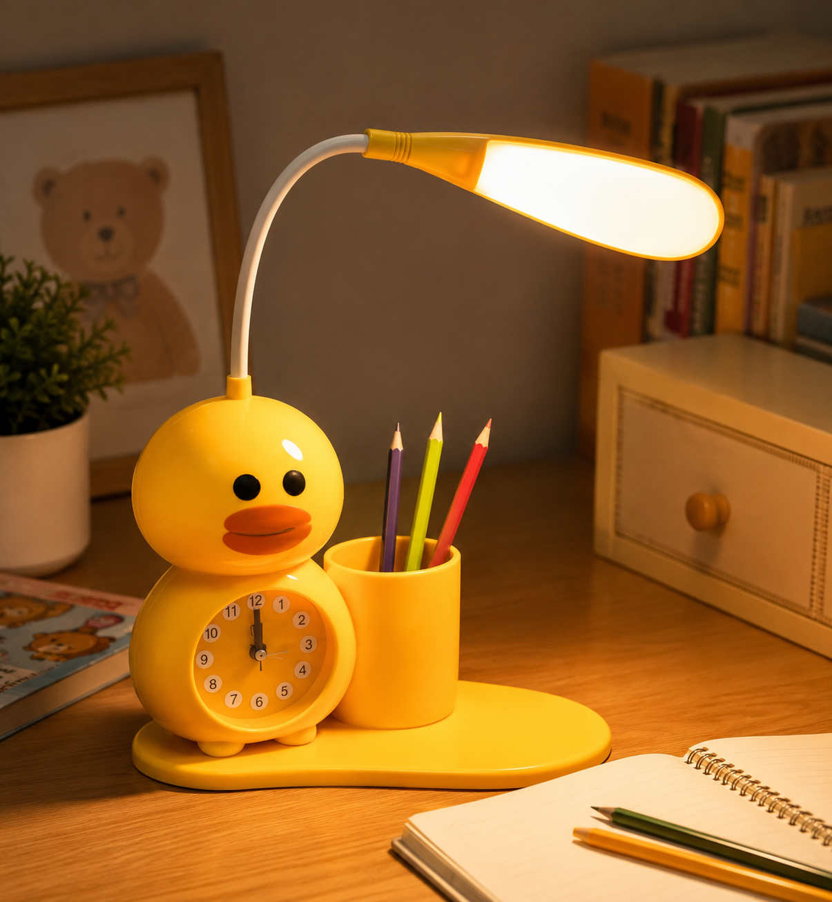 Cute LED Desk Lamp with Clock And Pen Holder, Kids LED Reading Lamp with Clock & Desk Organizer, Adjustable Duck LED Study Light for Kids