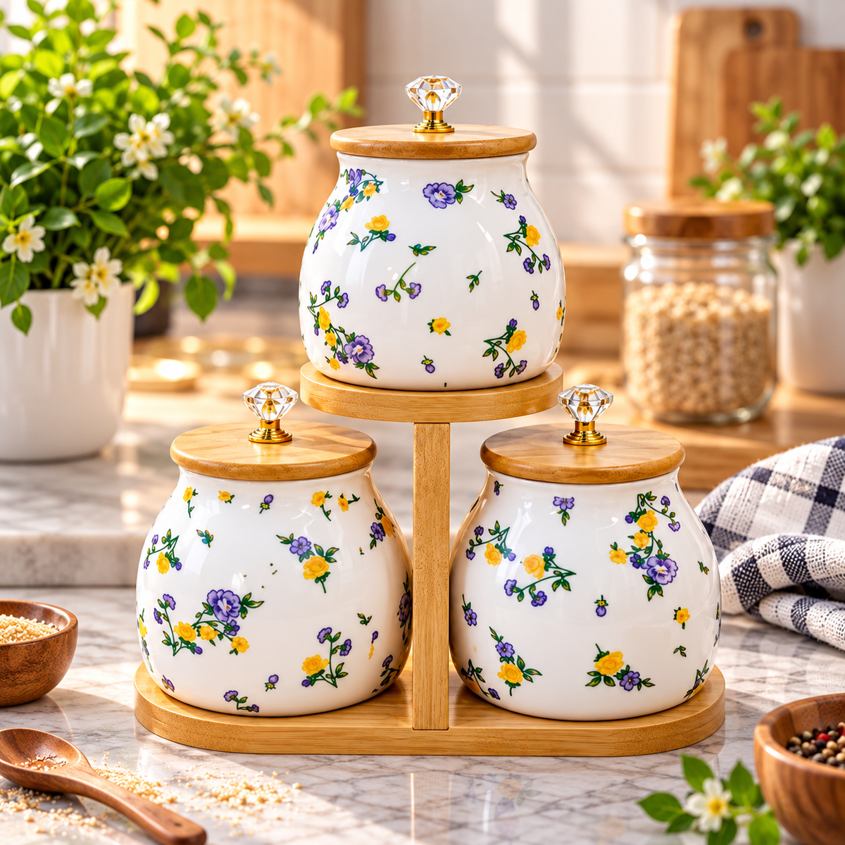 3pcs Coffee Sugar Canister with Wooden Stand, Elegant Floral Ceramic Storage Jar, Ceramic Kitchen Storage Jars with Wooden Lids, Floral Ceramic Spice Jar Set with Bamboo Stand