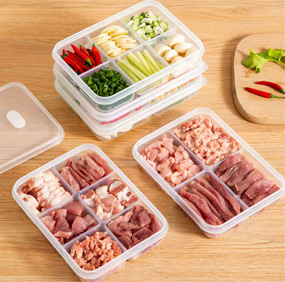 6 Compartment Meat Container Box, Fresh Grid Food Container, Refrigerator Frozen Food Storage Box, Reusable Meat Grid Box