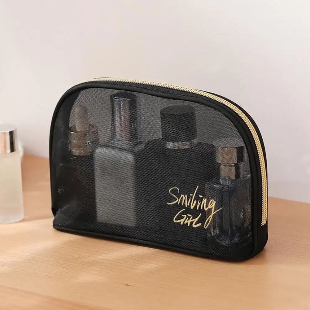 Black Mesh Cosmetic Bag, Transparent Travel Zipper Pouch, Women Beauty Case, Smiling Girl Cosmetic Bag, Travel Storage Bag,  Toiletry Bags Makeup Pouch, Fashion Makeup Small Pouch For Women, Multifunctional Large Capacity Toiletry Hand Bag
