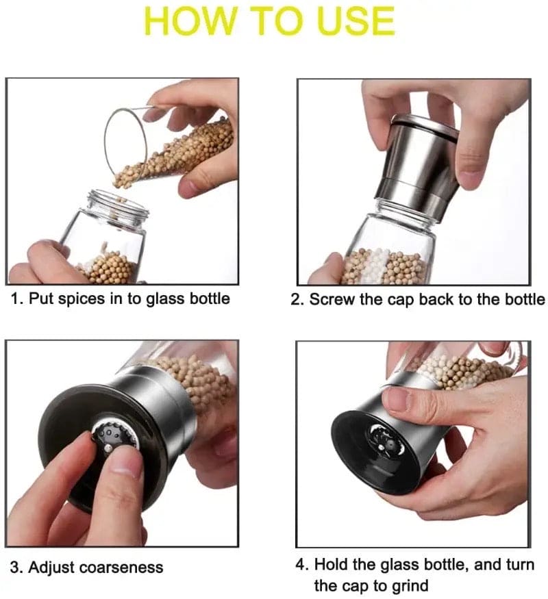 Salt And Pepper Grinder, Manual Stainless Steel Salt and Pepper Mill Grinder, Spice Herb Glass Muller, Hand Mill Grinding Bottle, Condiment Grinding Tool Kitchen Gadget, Adjustable Coarseness Shaker, Durable Spice Grinder, Compact Pepper Grinder