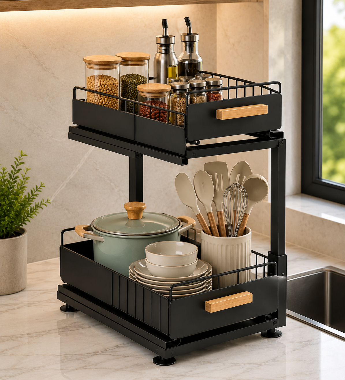 2 Tier Under Sink Shelf Organizer, Kitchen Counter Display And Storage Rack, Premium Metal Countertop Organizer Stand