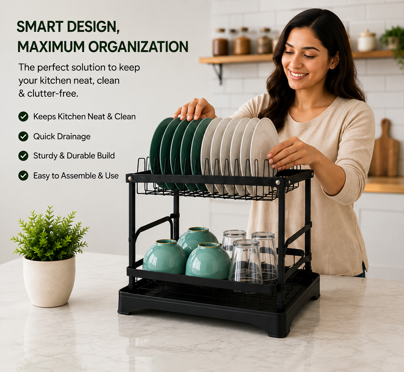 2 Tier Kitchen Dish Rack, Kitchen Countertop Dish Organizer, Space Saving Dish Drying Rack, Kitchen Dish Storage And Drying Rack