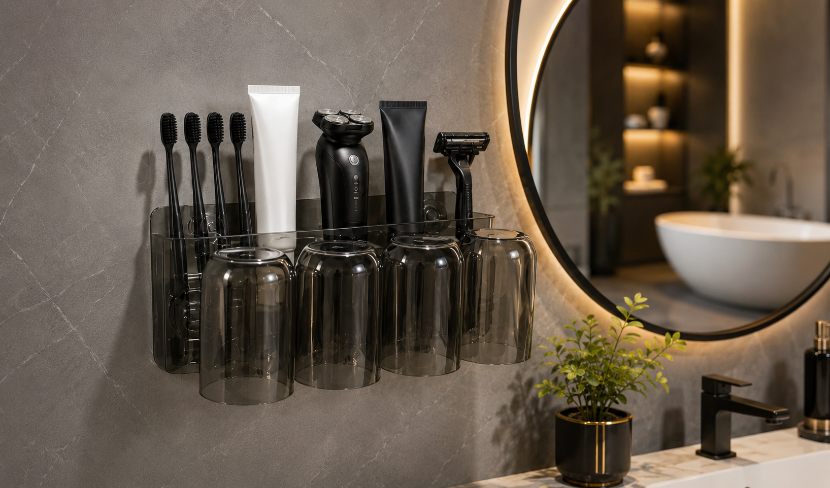 4 in 1 Wall Mounted Toothbrush Holder, Luxury Bathroom Storage And Cup Holder, Bathroom Essentials Wall Organizer
