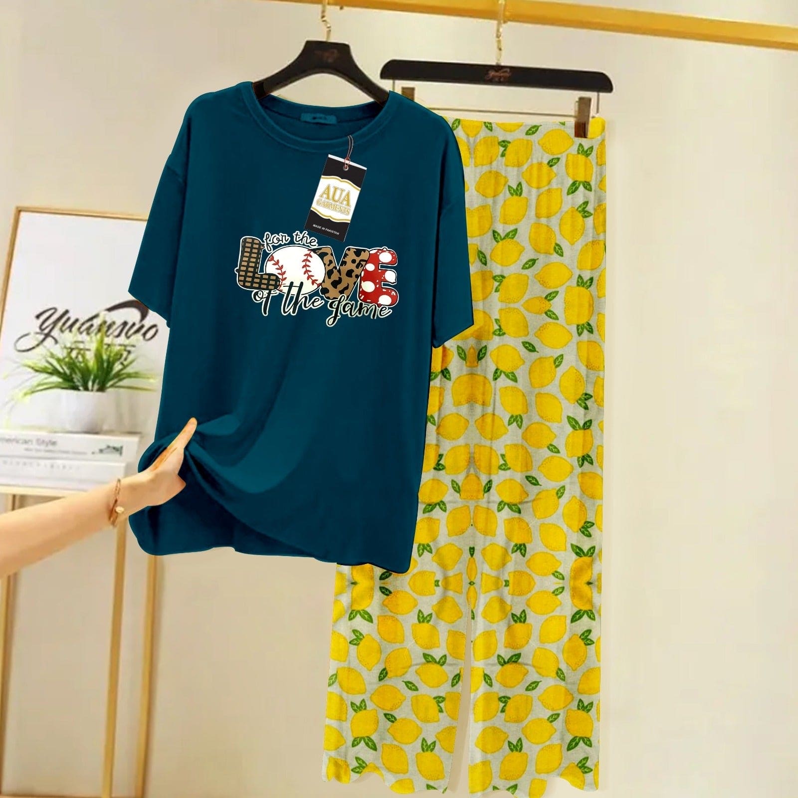 Love Of The Game Summer Nightsuit,  Comfortable Women Nightwear, Comfy Casual Round Neck Suit, Paneled Baggy Sleepwear