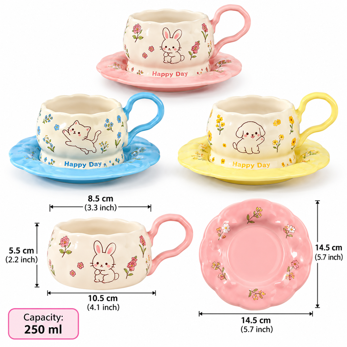 Floral Animal Print Coffee Cup With Saucer Set, Kawaii Animal Tea Cup Set with Saucer, 250ml Cute Cartoon Coffee Cup Set