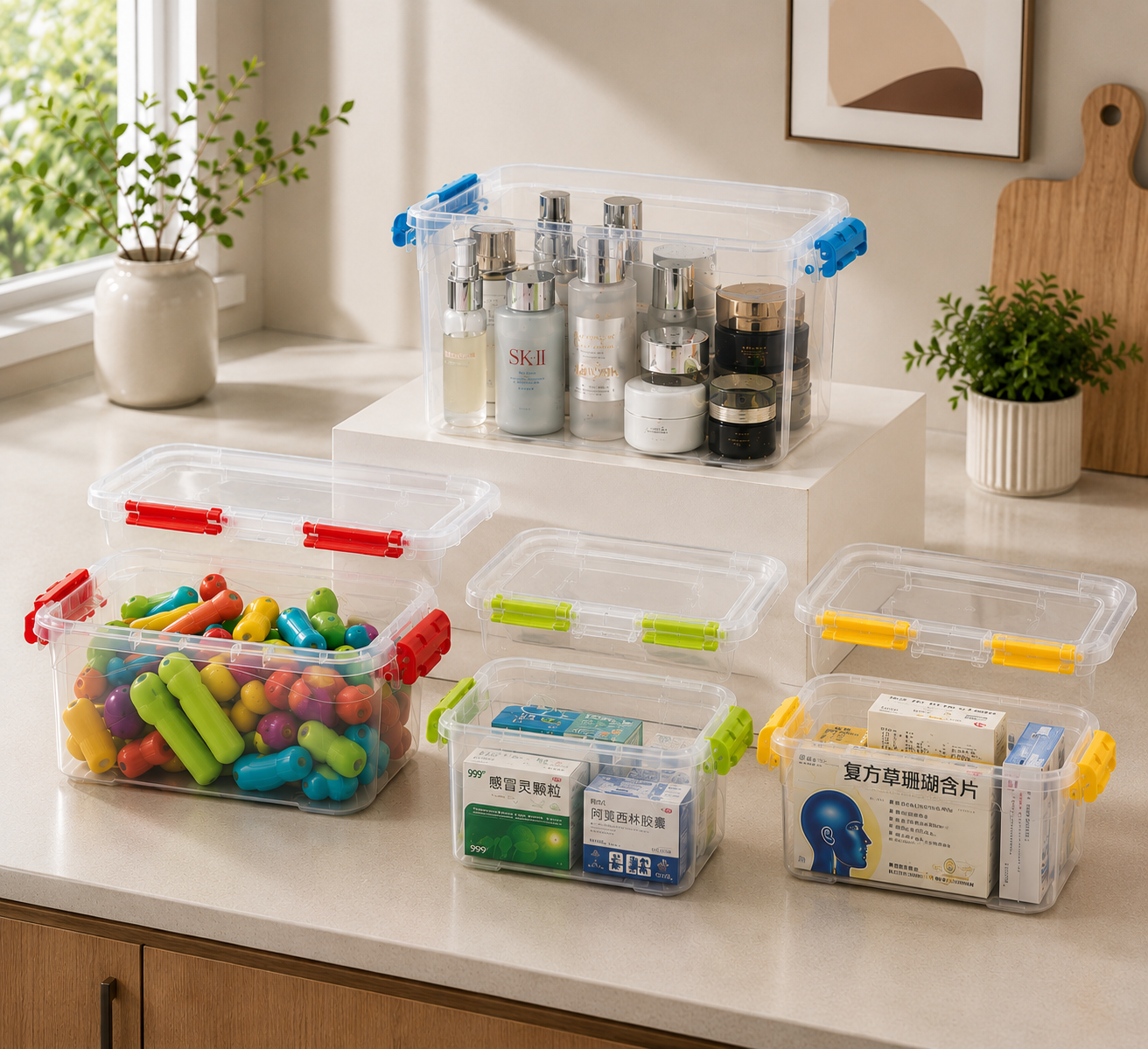 Stackable Storage Box with Handle, Medicine And Cosmetics Storage Organizer, Portable Locking Storage Container, SpaceSaver Storage Container