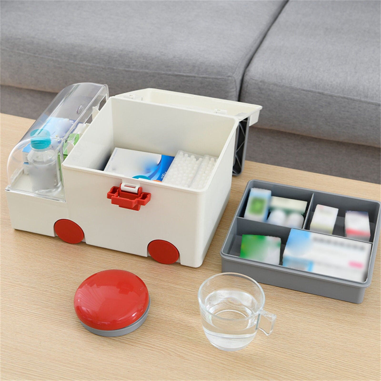 Cute Ambulance Medicine Box, Large-capacity Medicine Kit Storage Box, Household Compartmental Medicine Box, Portable First Aid Kit Container, Creative Emergency Pharmacy Pill Organizer