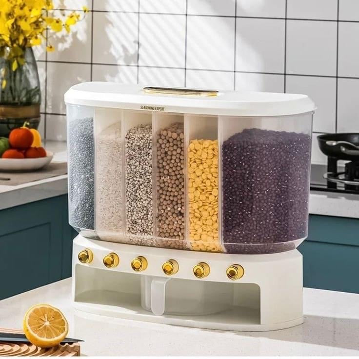 10KG Wall Mounted Cereal Dispenser, Large 6 Compartment Cereal Dispenser, Rice Storage Dispenser