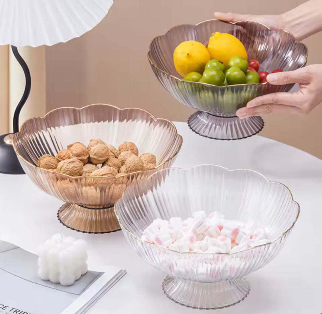 Modern Floral Salad Bowl With Base, Fruit Trifle Serving Dish, Luxury Lightweight Fruit Plate