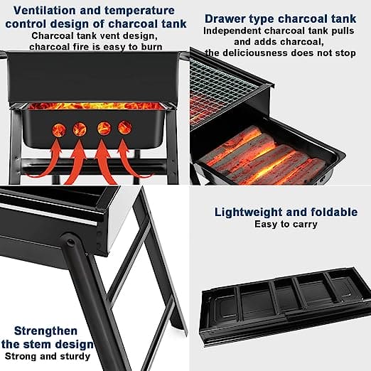 Ashtray BBQ Grill, Charcoal Grill With Stand, Drawer Type Ash Accumulator, Stainless Steel Portable BBQ Tool, Rectangular Charcoal Barbecue Flood Smoke Grill, Iron Portable Folding Charcoal Barbecue Grill for Outdoor, Camping Hiking Picnic Patio Smokers