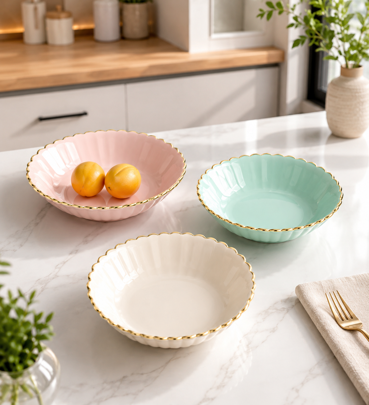 Luxury Gold Rim Serving Bowl, Decorative Petal Edge Bowl, Modern Gold Trim Fruit Bowl, Premium Tabletop Serving Bowl