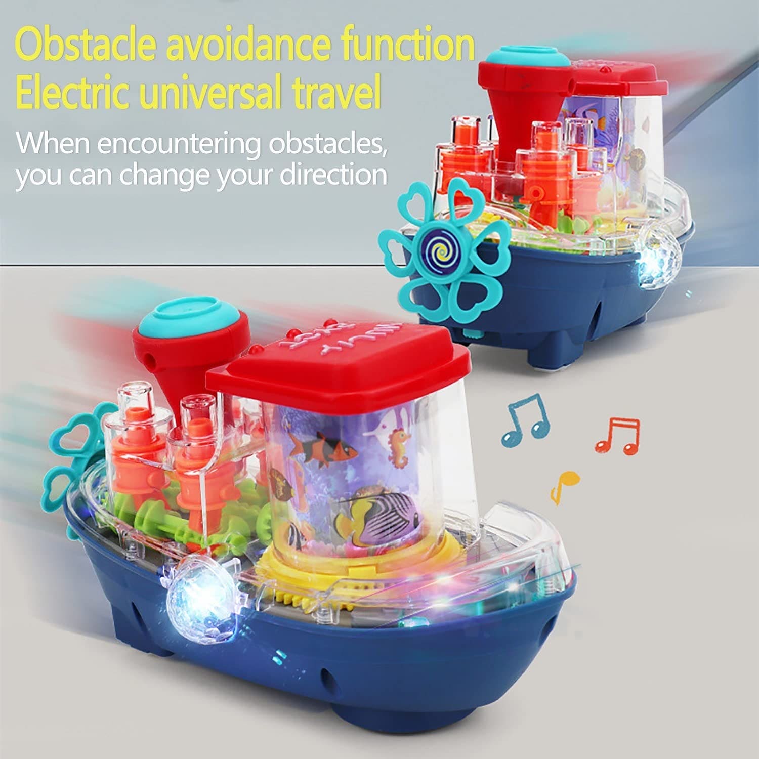 Gear Land Ship, Musical Toy Boat with Colorful Light, Transparent Rotatable Concept Boat, Underwater World Cruise Ship Toy For Kid, Battery Operated Toy Boat with Rotating Fishing Lamp Toy, Children's Toy Boat