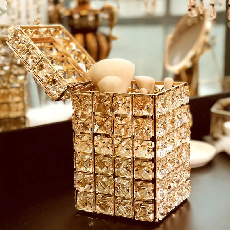 Luxury Treasure Makeup Box, Light Luxury Crystal Lipstick Box, Cosmetic Jewelry Box, Crystal Pen Tissue Box, Crystal Tray With Cover, , Desktop Eyebrow Pencil Storage Bucket, Jewelry Cosmetic Organizer, Dressing Table Makeup Brush Organizer