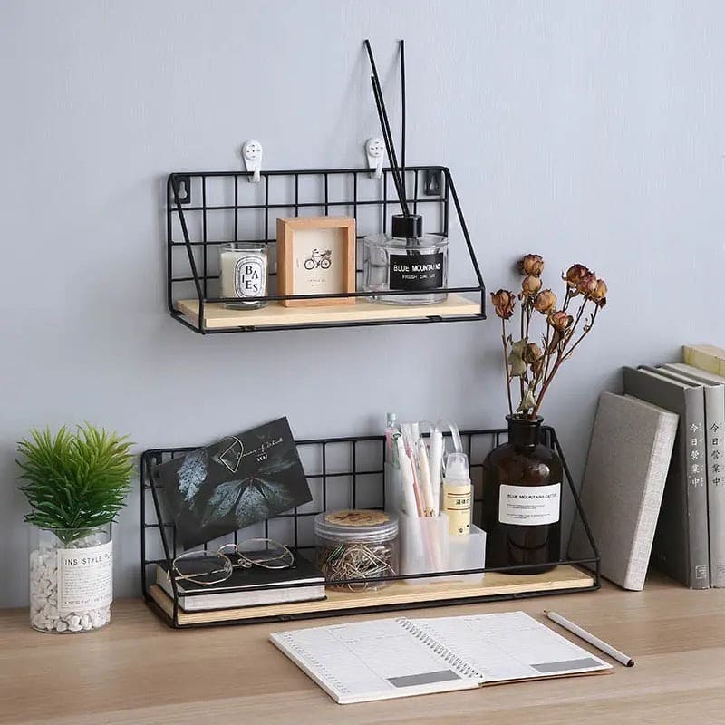 Set Of 2 Versatile Floating Wooden Shelf, Nordic Style Iron Wall Dormitory Stand, Multipurpose Home Organization Rack, Iron Kitchen Bathroom Shelf, Black Wire and Natural Wood Shelf, Home Decorative Hanging Grid Basket, Wall Art Shelve Flower Pot Stand