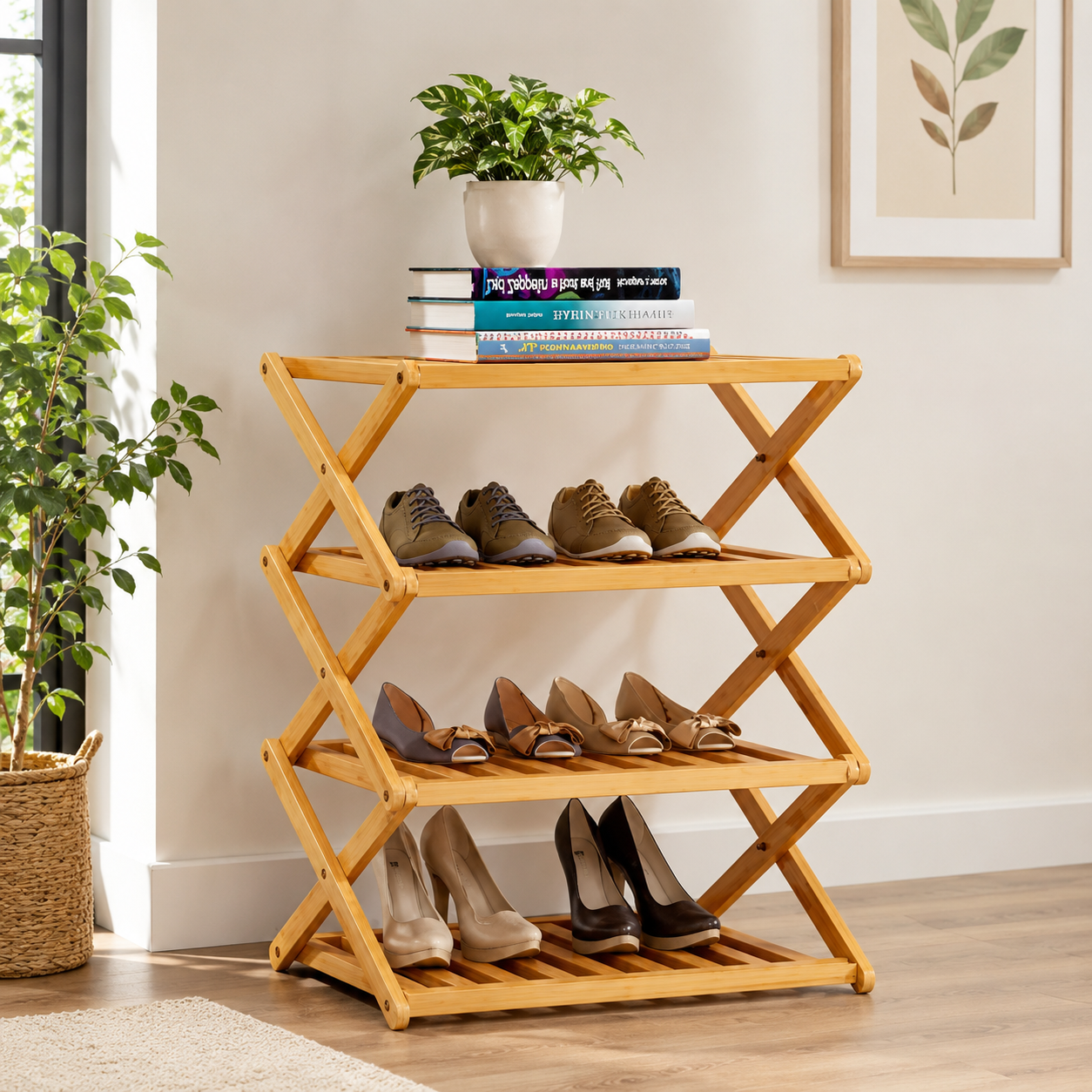 Bamboo X-Fold Shoe Stand, Premium Foldable Bamboo Shoe Rack, Smart Fold Shoe Organizer, Natural Bamboo Folding Shoe Stand