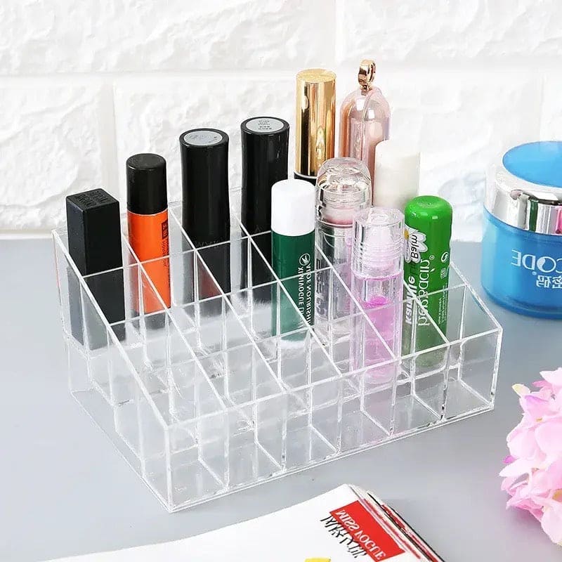24 Grid Lipstick Holder, Acrylic Lipstick Nail Polish And Jewellery Display Rack, Visible Clear Cosmetic Makeup Brush Stand, Reusable Beauty Organizer, Large Capacity Clear Vanity Versatile Usage Makeup Storage Case