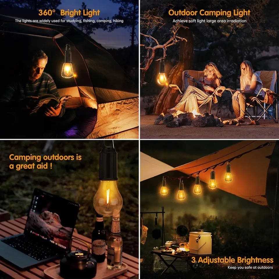 Rechargeable LED Lamp Bulb, Emergency Camping Lights with Clip Hook, Mini Portable Camping Light, Portable Camping Lantern with Hook, Outdoor LED String Bulb, Waterproof Type C Charging Camping Lantern