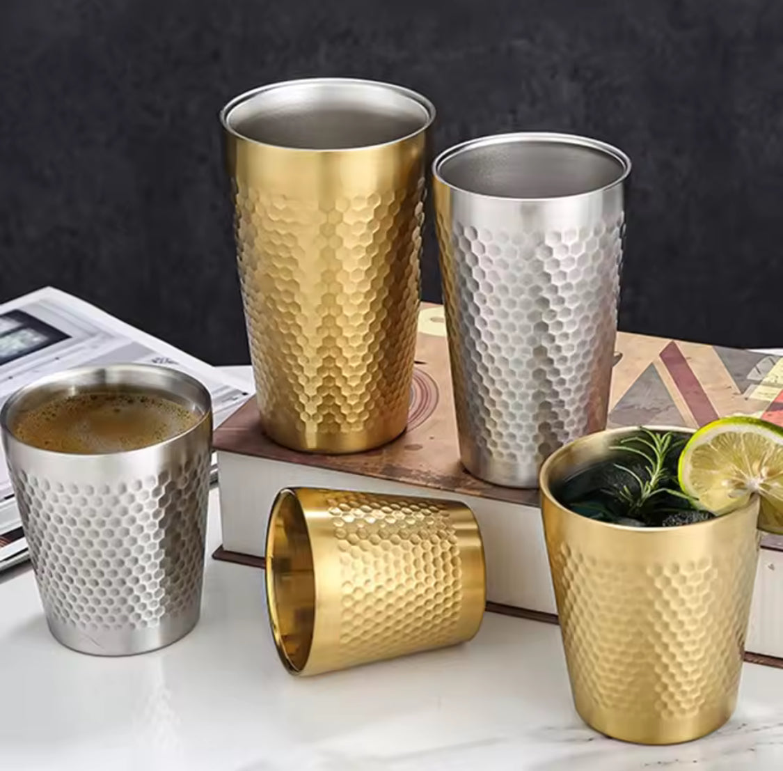 Stainless Steel Hammered Texture Glass, Double Wall Bevarage Glass, Drinkware Party Glass