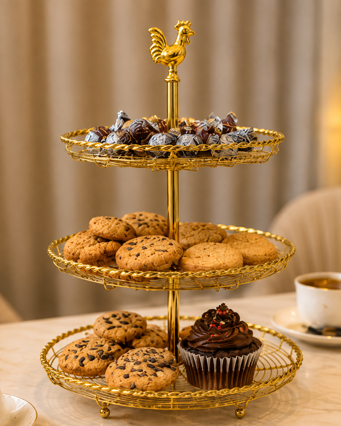 3 Tier Golden Fruit Basket with Rooster Top, Multi Purpose Serving Stand, Golden Rooster Fruit & Snack Organizer, Elegant Food Serving Stand