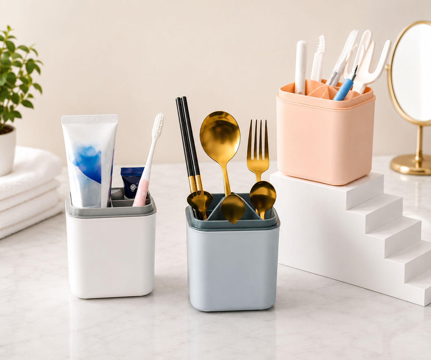 4 Grid Multi Purpose Organizer Holder, Desktop & Bathroom Storage Organizer, Multipurpose Cutlery And Toothbrush Holder