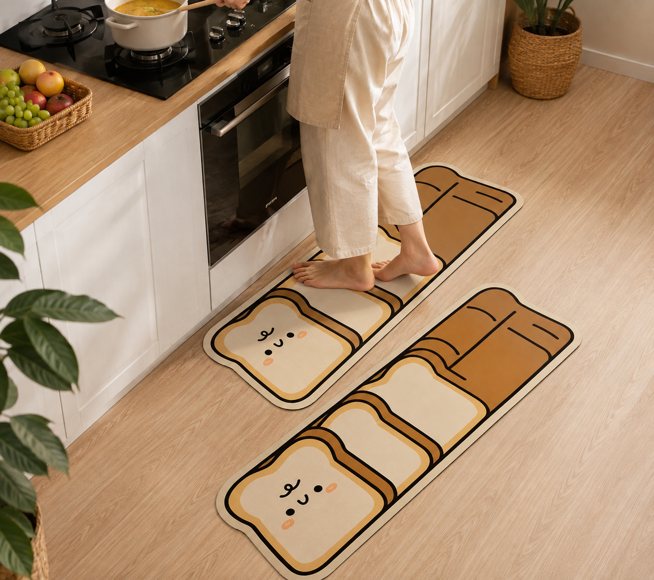 Set of 2 Adorable Bread Design Kitchen Mat, Cute Toast Character Floor Mat, Anti Slip Floor Mat