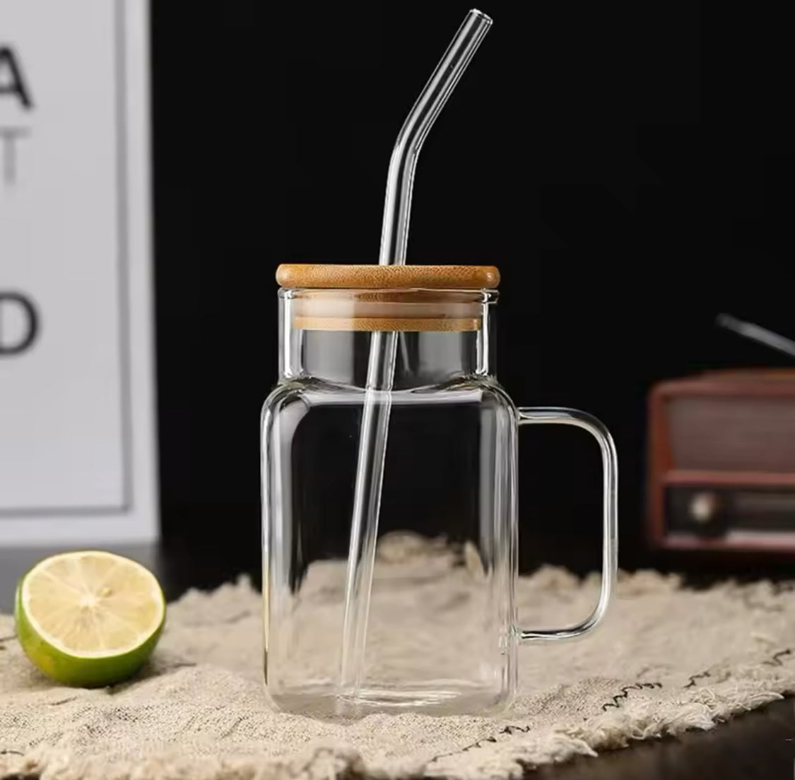 450ml Square Mug With Lid And Straw, Transparent Coffee Drinking Glass Cup With Handle, Party Beverage Cup, Portable Glass Cup With Straw Lid