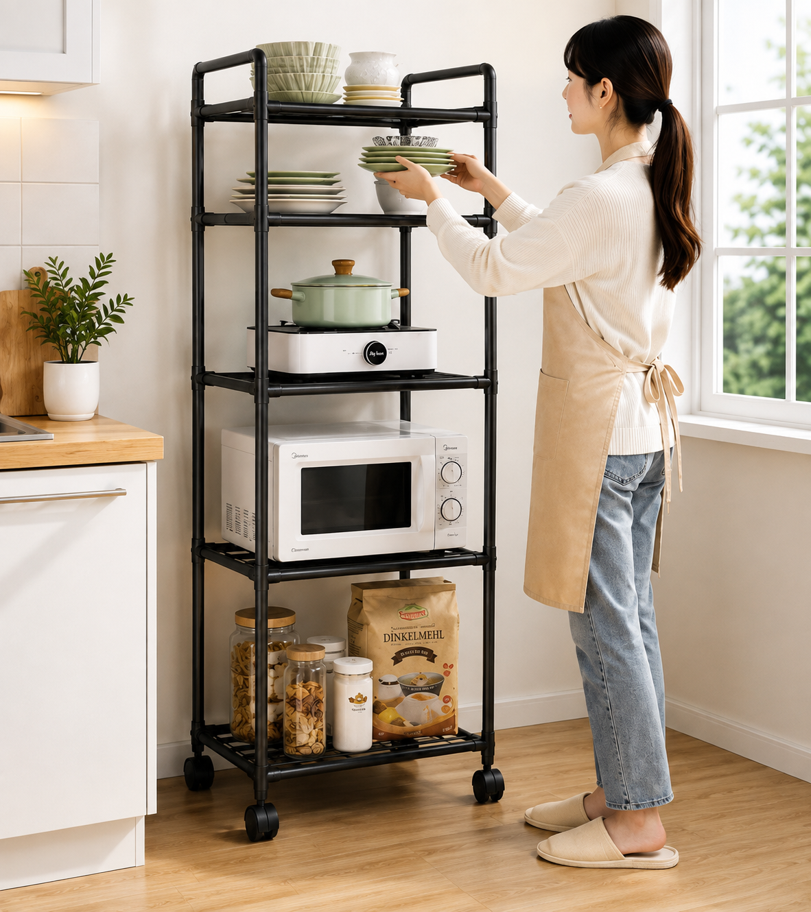 Multi Purpose 5 Tier Storage Shelf with Wheels, Multifunctional Utility Storage Rack, Multi Layers Microwave Oven And Kitchen Organizer