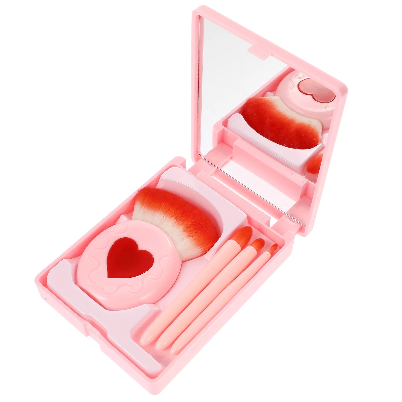 Mini Heart Makeup Brush Set, Portable Makeup Mirror with 5 Pcs Makeup Brushes, Hand Hold Pocket Foldable Beauty Makeup Tools Set, Portable Makeup Brush Box With Mirror