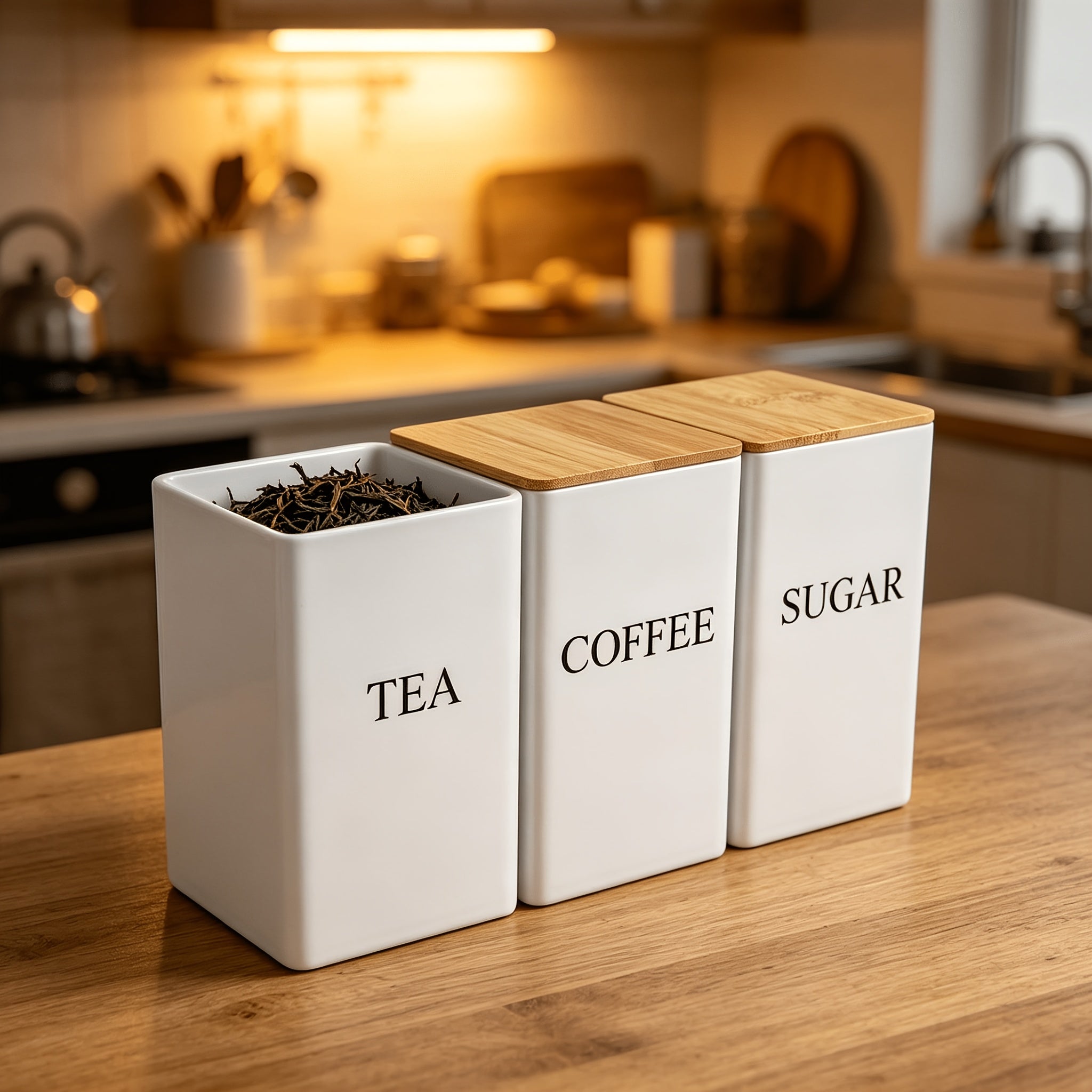 3Pcs Coffee Bean Storage With Bamboo Lid, Square Seasoning Box Organizer, Coffee Sugar Tea Storage Container Jars, Coffee Canister With Bamboo Lid, Set Of 3 Tea And Sugar Pot