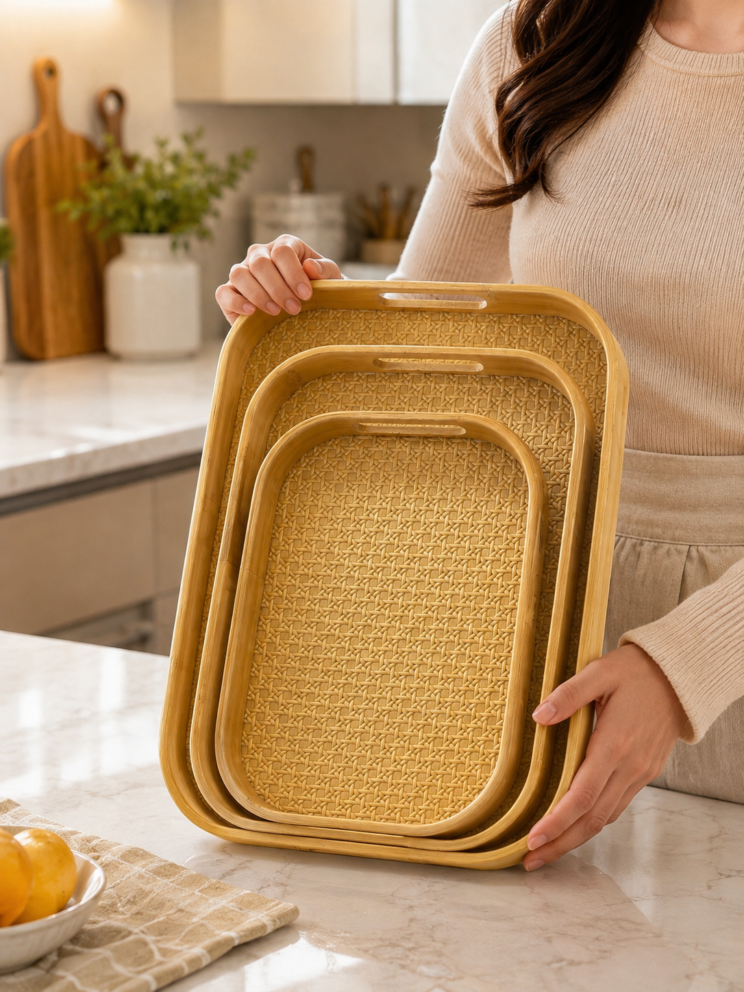 3pcs Bamboo Serving Tray Set,     Bamboo Serving & Display Tray Set,     Woven Design Bamboo Serving Trays, Natural Bamboo Breakfast & Serving Tray Set