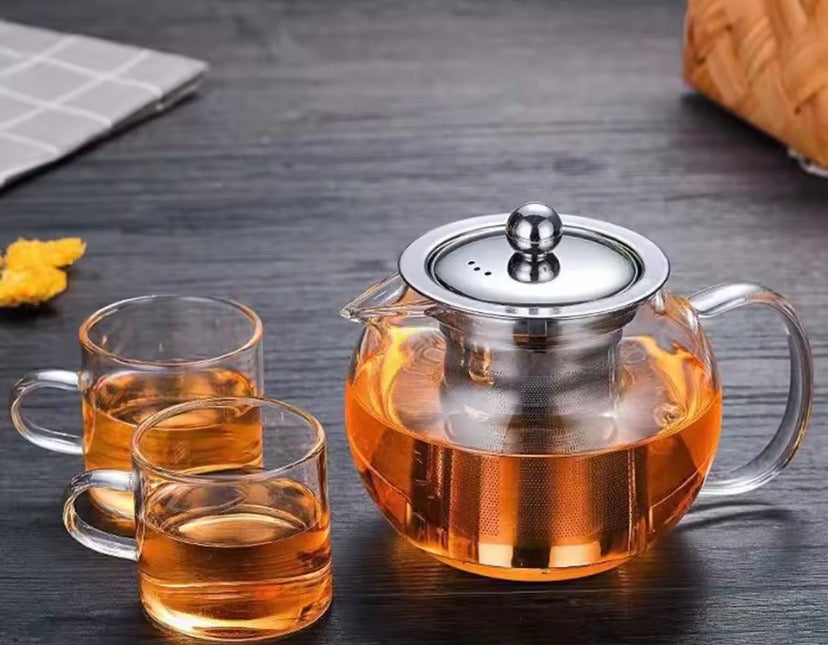 Glass Teapot with Stainless Steel Infuser, Double Wall Glass Tea Infuser Pot, Round Glass Tea Brewing Pot, Transparent Glass Tea Kettle