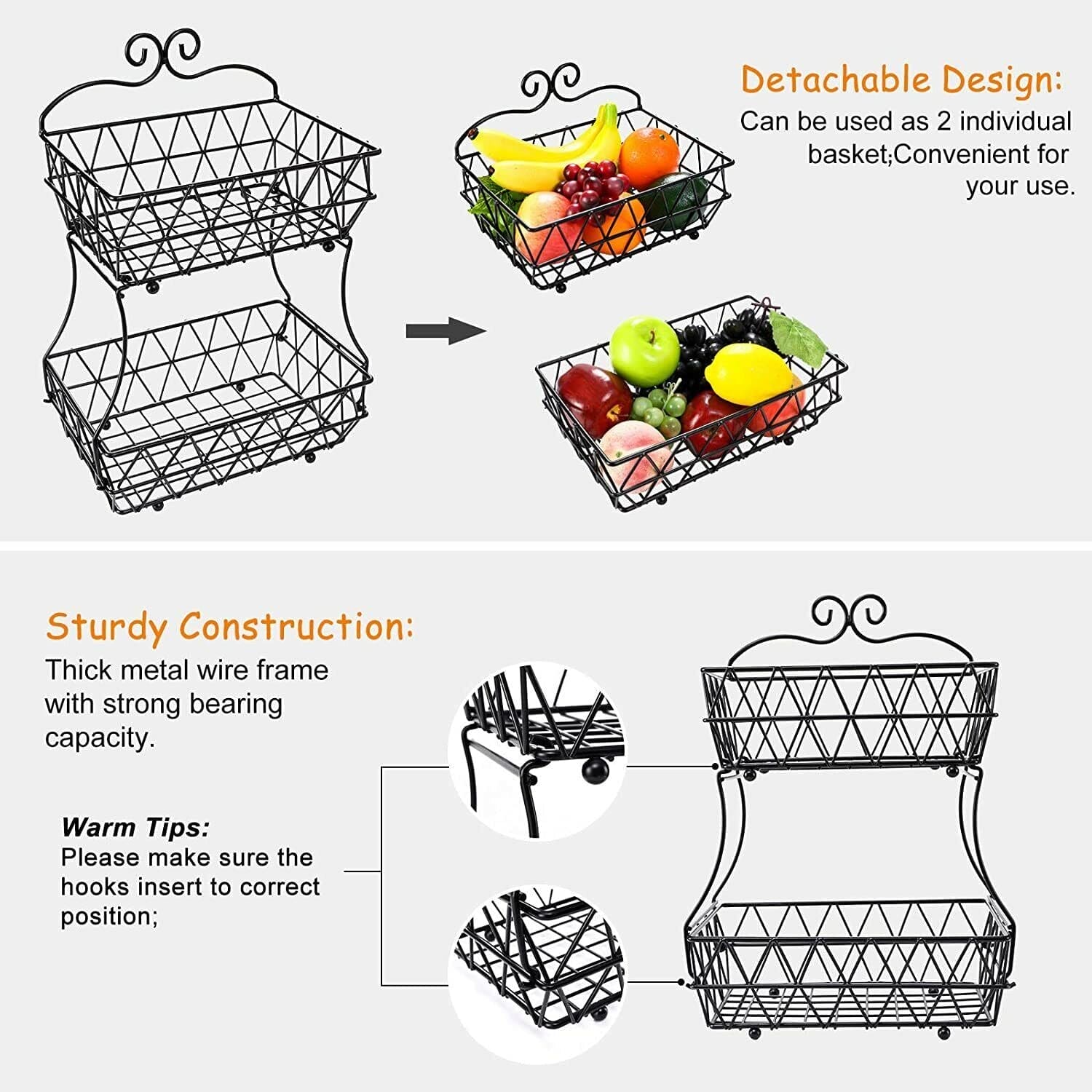 Regular Metal Fruit Basket, 2 Tier Metal Bread Basket, Portable Kitchen Storage Countertops Shelf Rack, Metal Black Fruit And Vegetable Storage Stand