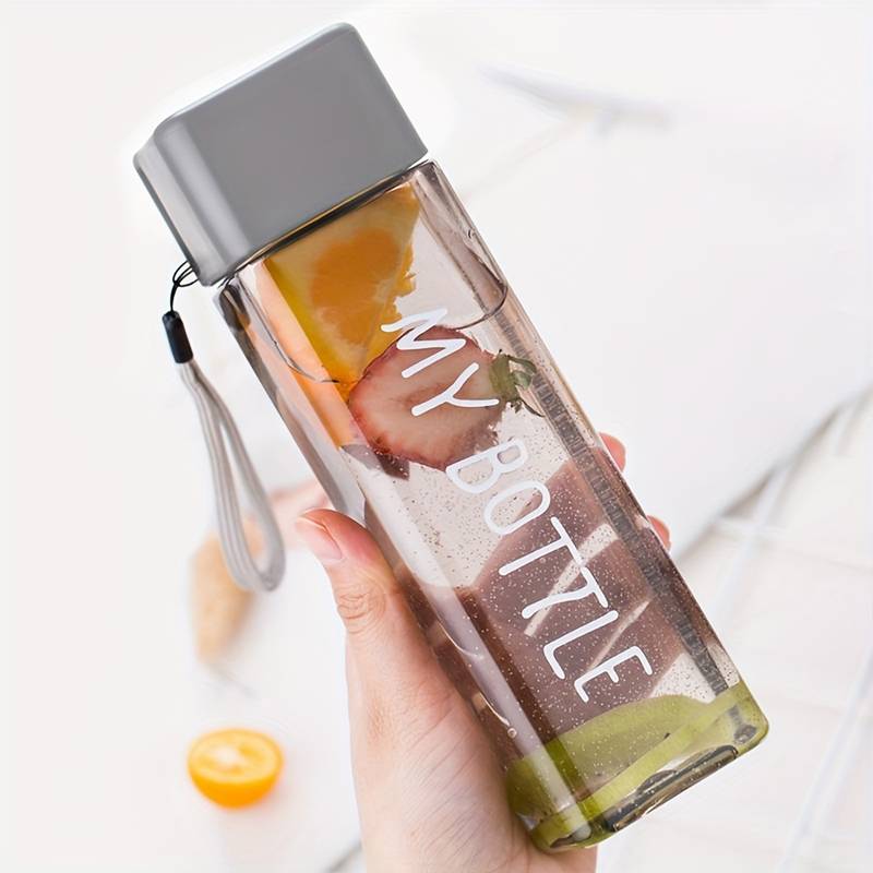 Simple Square Water Bottle, 500ml Plastic Water Cup, Transparent My Bottle With Hanging Rope, Large Mouth Water Cup With Lifting Rope And Lid