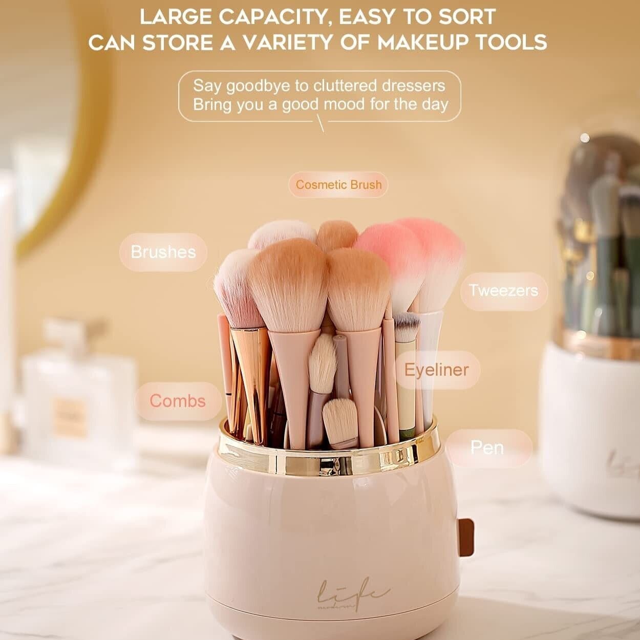 Fancy 360° Rotating Makeup Brushes Holder, Portable Desktop Makeup Brush Organizer With Lid, Desktop Makeup Brush Storage Bucket, Lipstick Eyebrow Pencil Holder, Vanity Dressing Table Brush Display Box, Acrylic Dust Free Waterproof Makeup Container