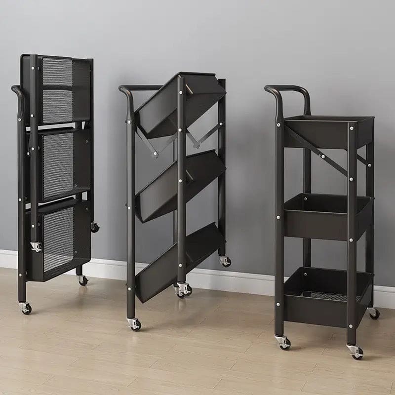 3 Tier Flexible Food Trolley, Home Snack Vegetables Storage Rack with Wheels, Multifunctional 3 Tier Storage Cart, Folding Kitchen Shelves, Plastic & Stainless Steel Storage Cart