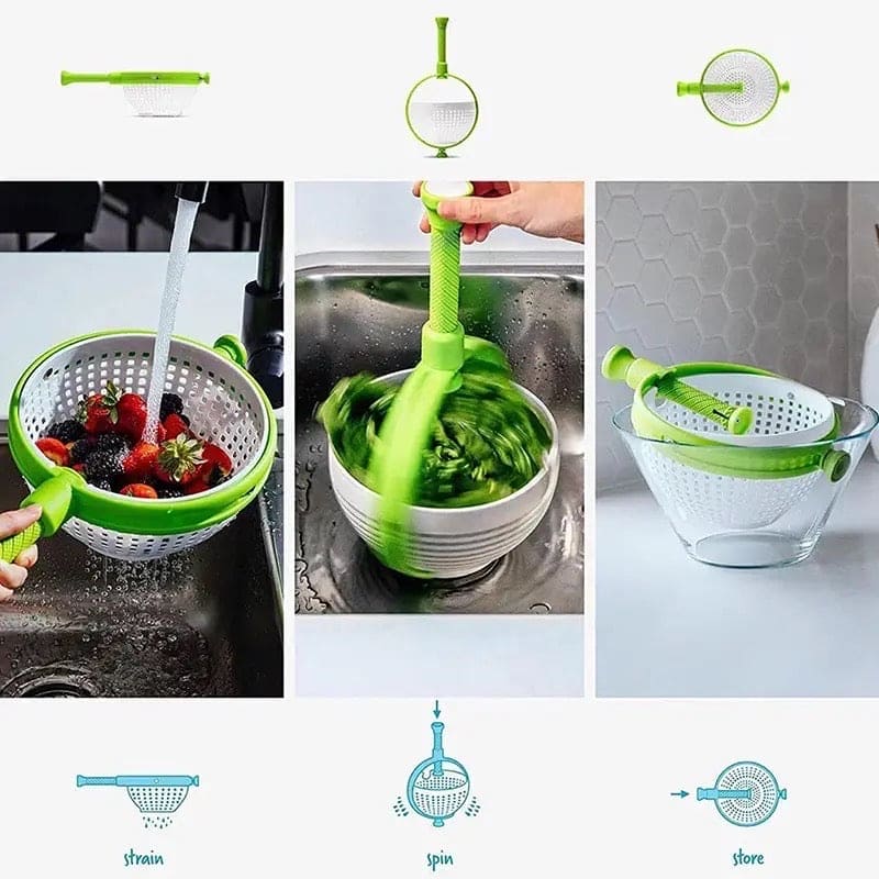 Revolving Drain Basket, Multipurpose Salad Molicer, Foldable Strainer Fruit Vegetable Washing Basket, New Salad Spinner, Dehydration Water Throwing Drain Basket, Lettuce Spinning Colander Kitchen Tool, Spinning Basket with Collapsible Handle