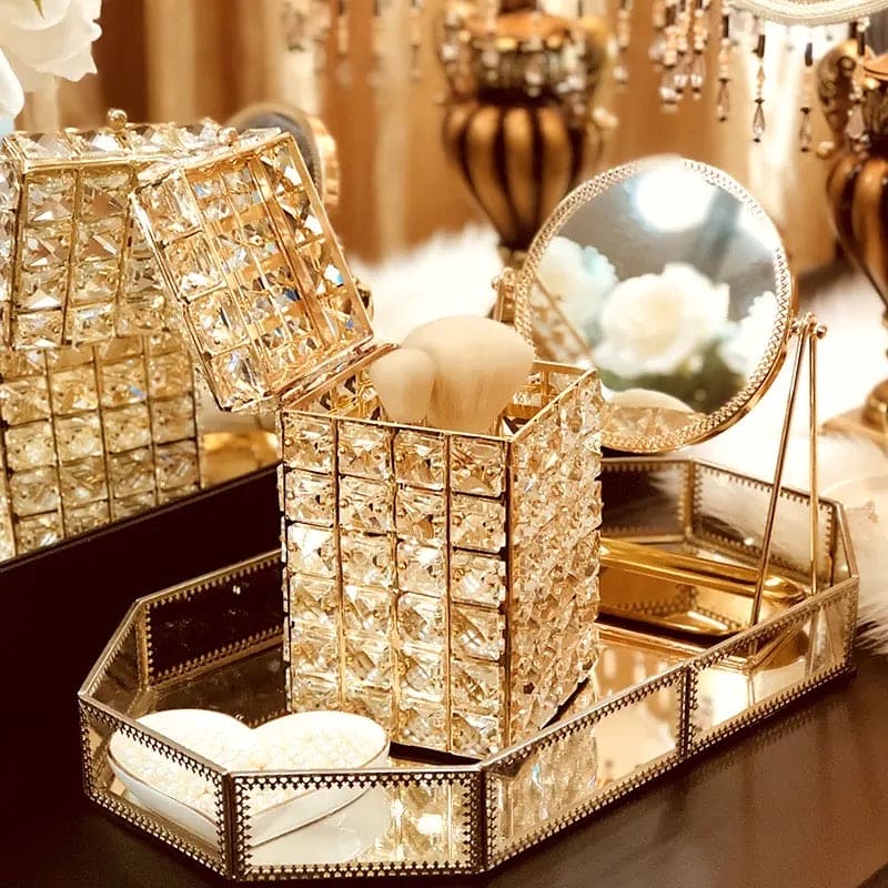 Luxury Treasure Makeup Box, Light Luxury Crystal Lipstick Box, Cosmetic Jewelry Box, Crystal Pen Tissue Box, Crystal Tray With Cover, , Desktop Eyebrow Pencil Storage Bucket, Jewelry Cosmetic Organizer, Dressing Table Makeup Brush Organizer