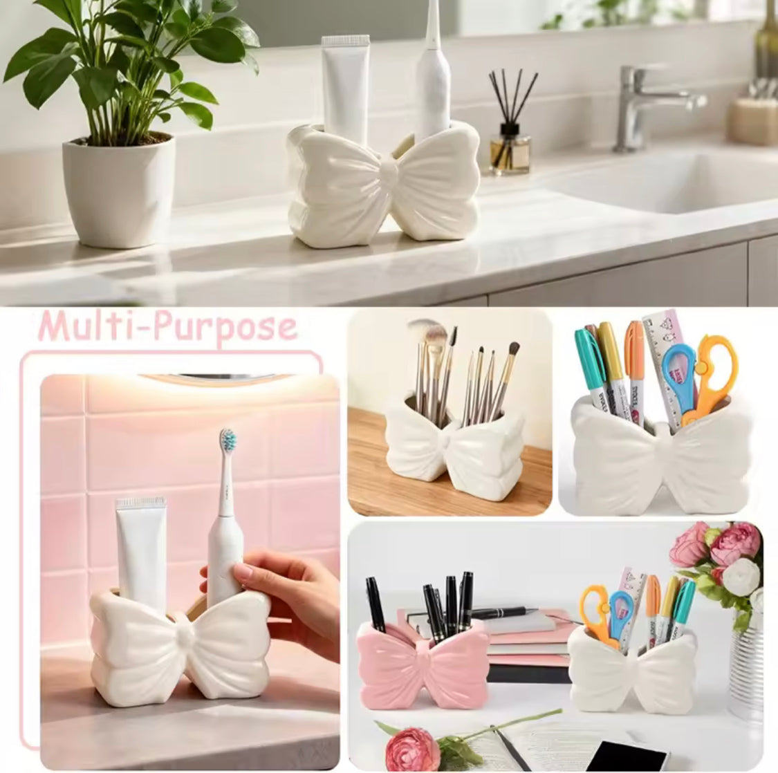Elegant Bow Shape Cosmetic Brush Organizer, Decorative Beauty Brush Holder, Dual Purpose Ceramic Bow Organizer, Vanity Storage Holder
