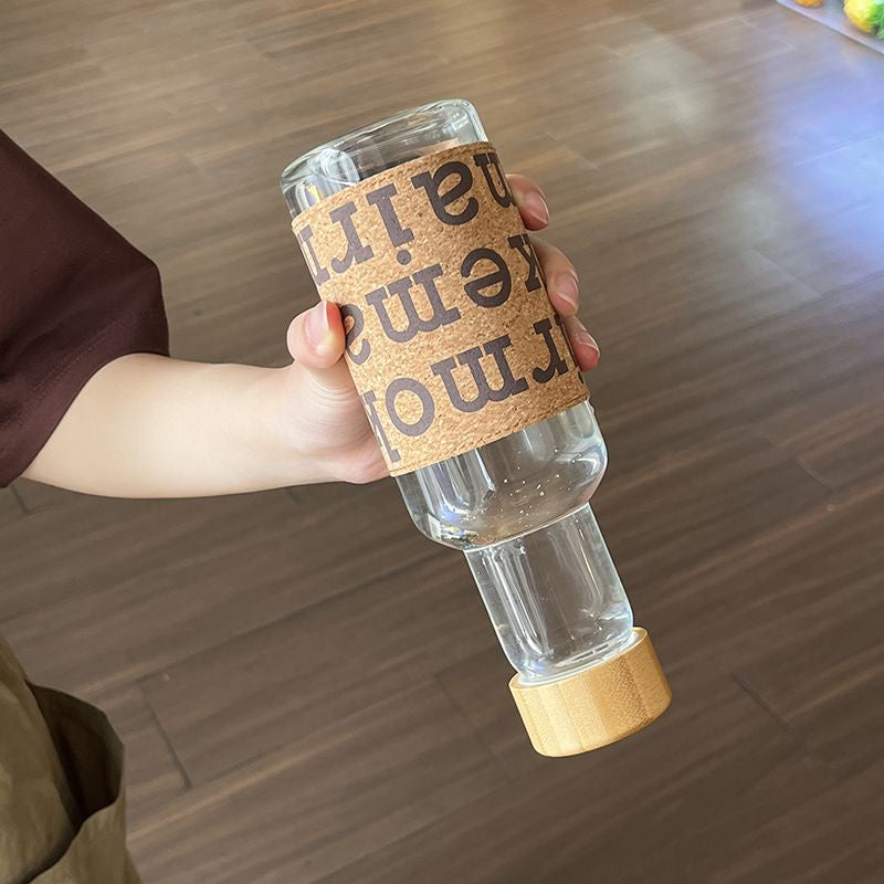 Leather Sticker Water Bottle, Marimekko Oiva Drinking Bottle, 450ml Retro Glass High-value Coffee Bottle, High Temperature Resistant Portable Water Glass Bottle