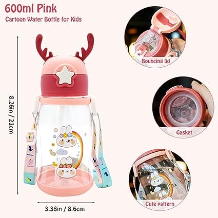 Antler Sipper Water Bottle, Children Portable School Drinking Bottle, 600ml Cartoon Printed Water Bottle, Lovely Cute Water Bottle With Straw, Transparent Dust Proof Clear Straw Bottle, Portable Drink Bottle For Outdoor, Kids Water Sippy Cup