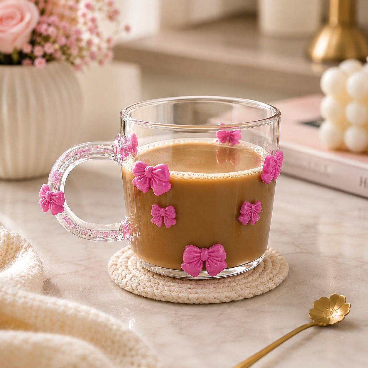 Cute 3D Bow Design Glass Cup, Aesthetic Bow Transparent Glass Mug, Elegant Coffee And Tea Cup, Adorable Bow Coffee glass Mug