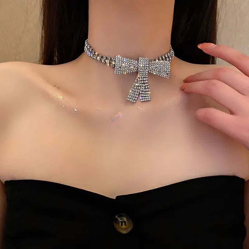 Shiny Crystal Bowknot Necklace, Long Tassel Rhinestone Necklaces, Luxurious Bowknot Pendant Necklace, Sparking Crystal Pave Bowknot Pendant, 3D Bowknot Pendant Necklace