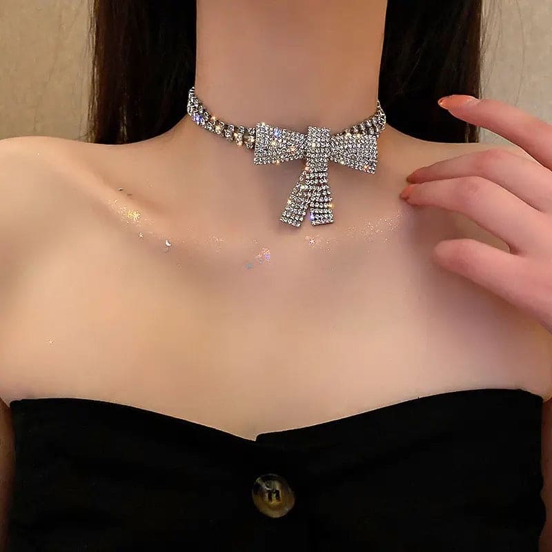 Shiny Crystal Bowknot Necklace, Long Tassel Rhinestone Necklaces, Luxurious Bowknot Pendant Necklace, Sparking Crystal Pave Bowknot Pendant, 3D Bowknot Pendant Necklace Jewellery