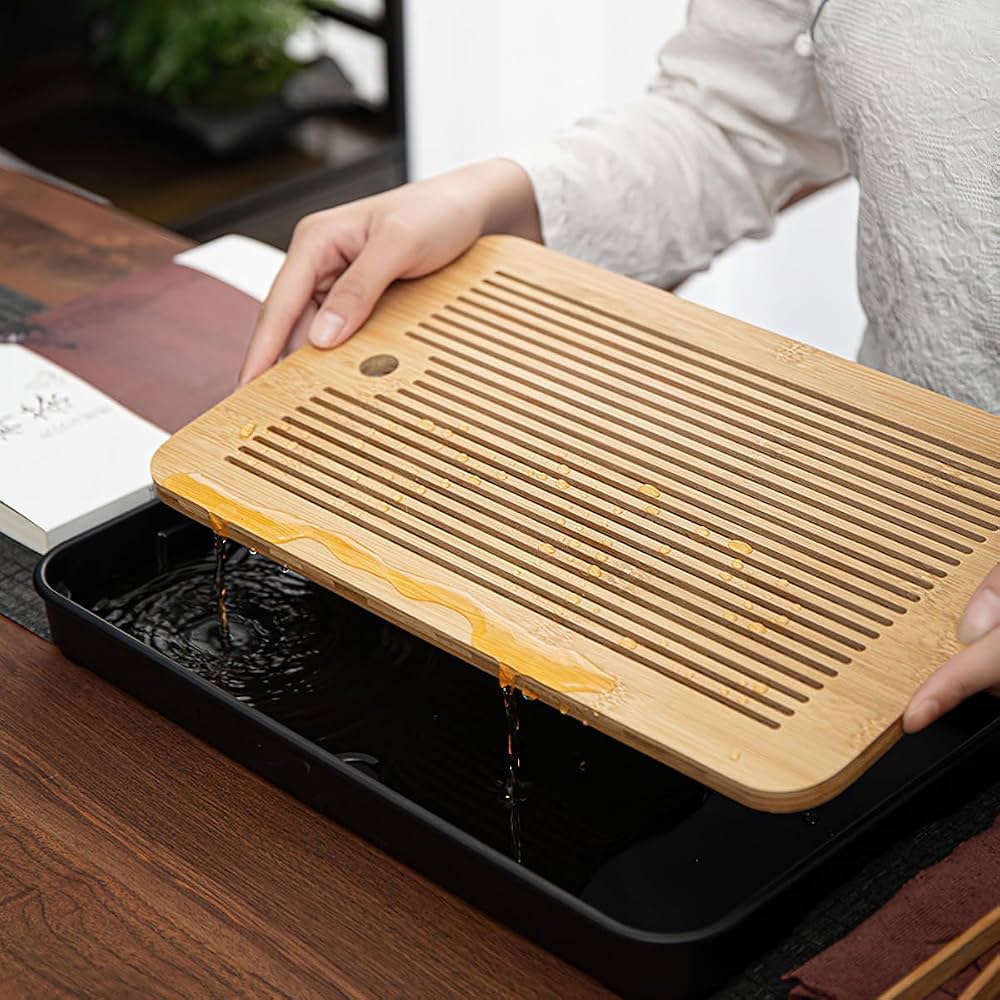 Wooden Kitchen Dish Drying Rack with Water Tray, Wooden Dish Drainer with Removable Water Tray, Bamboo Style Dish Drying Tray