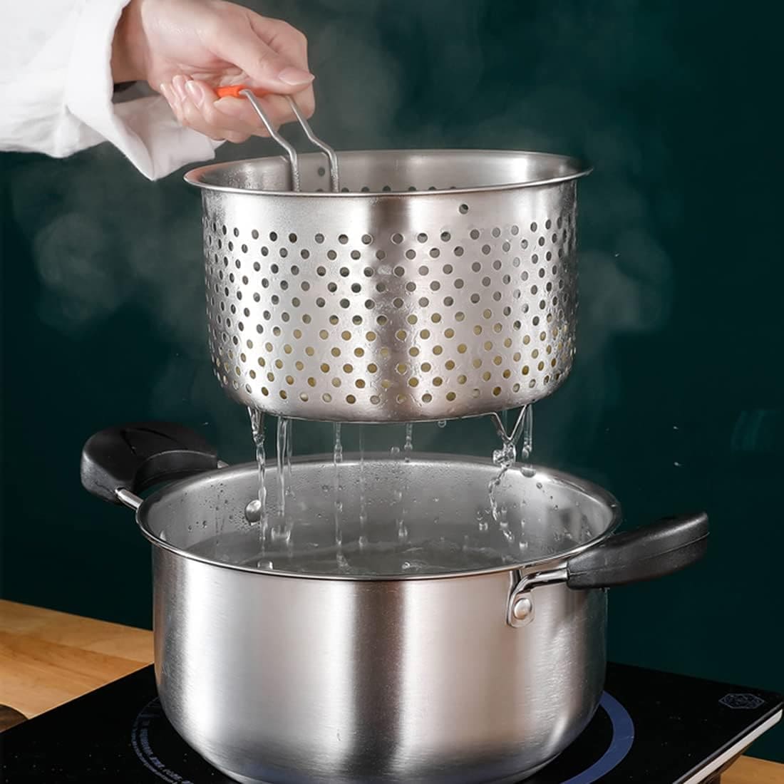 Stainless Steel Cooking Steamer With Handle, Kitchen Pot Pressure Cooker, Anti-scald Steamer Basket, Multifunctional Fruit Vegetable Washing Basket, Deep Fryer Pot Strainer