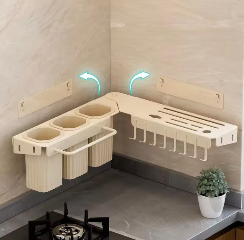 Wall Mounted Over The Sink Organizer Rack, Kitchen Storage Shelf with Knife Holder, Utensil Caddy And Hanging Hooks Rotatable Kitchen Shelf