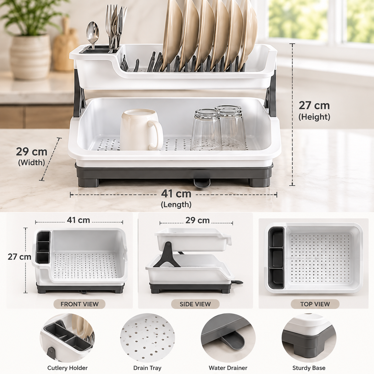 2 Tier Dish Drying Rack with Cutlery Holder, Utensils Dishes Drying Drainer, Kitchen Bowl Plate Tableware Rack, Dinnerware Organizer Basket