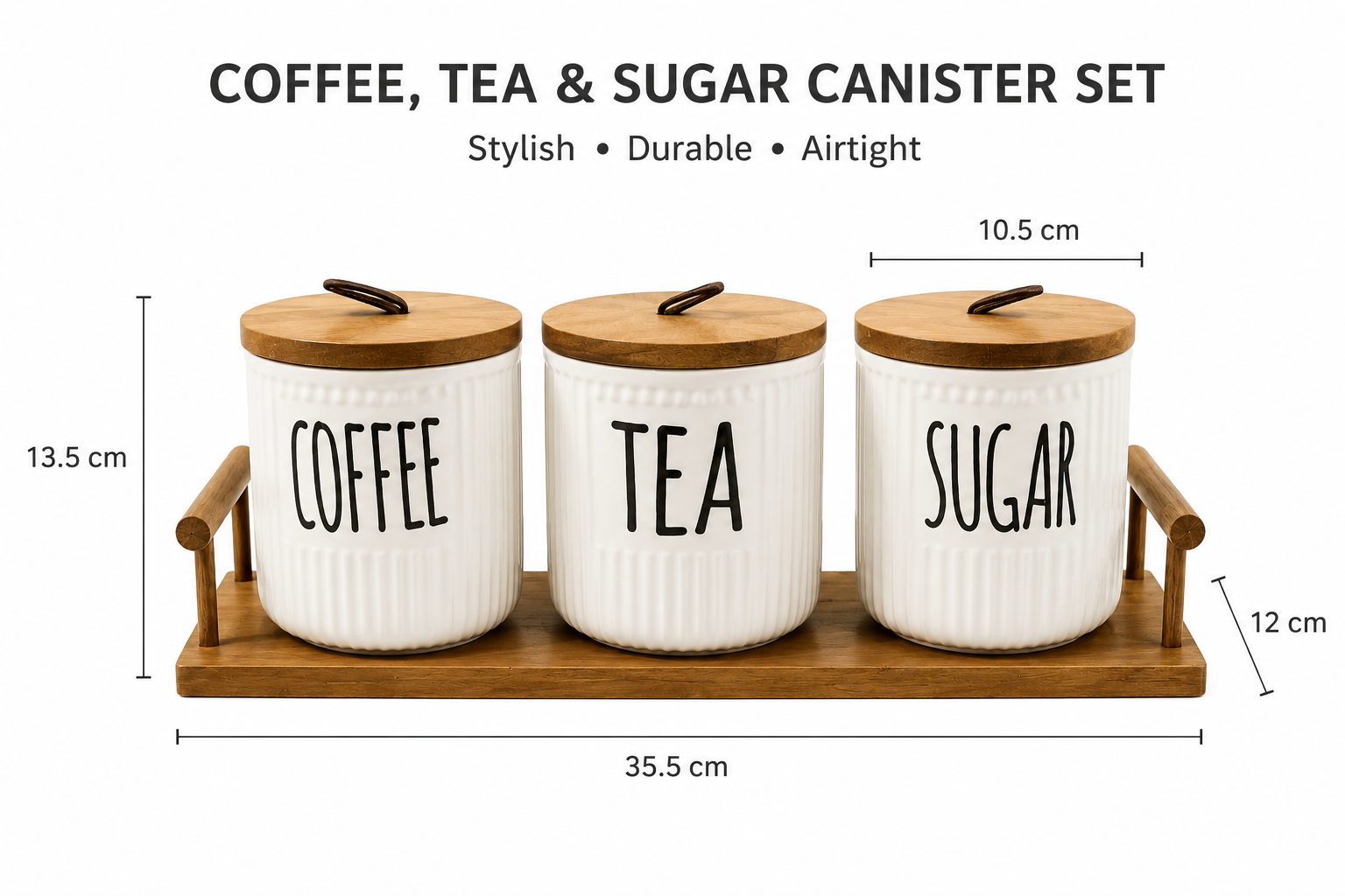 3pcs Ceramic Coffee Tea Sugar Pot Set, Elegant Ceramic Canister Set with Wooden Tray, Classic Ribbed Kitchen Jar Set
